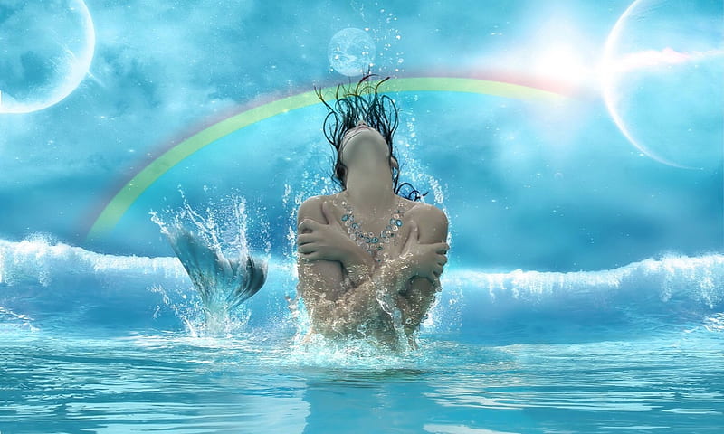 Mermaid in Ocean, sensual, enchanting, Magical, Ocean, mermaid, rainbow, waves, blue, HD wallpaper