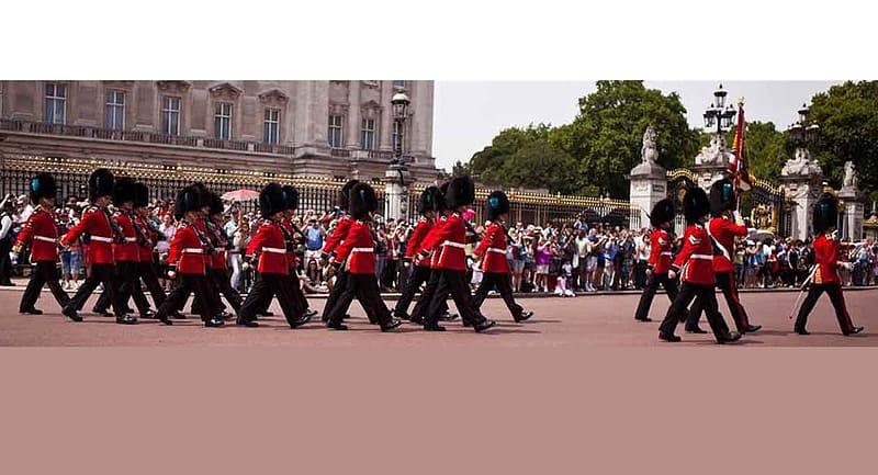 Changing of the Guard Buckingham Palace, palacce, Scarlet tunic, trees, marching, Irish Guards, HD wallpaper