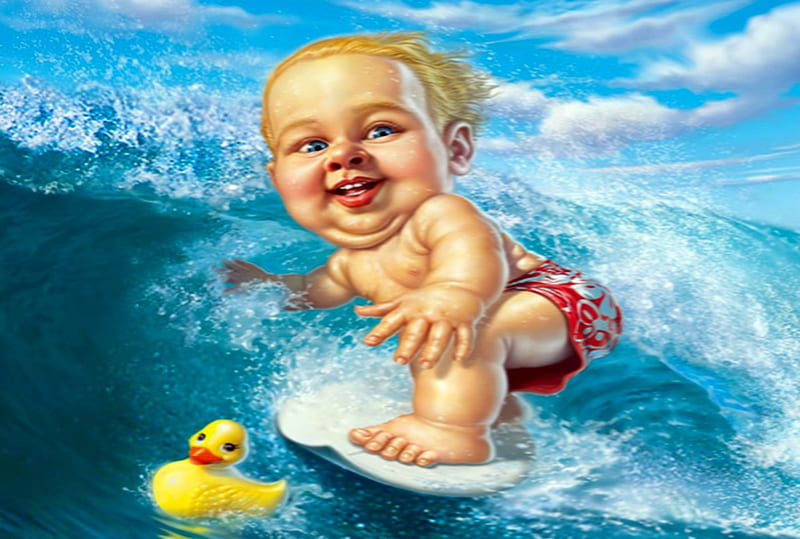 Baby Surfer, Water, Surfer, Baby, Boy, Sky, Clouds, Waves, Board, HD wallpaper