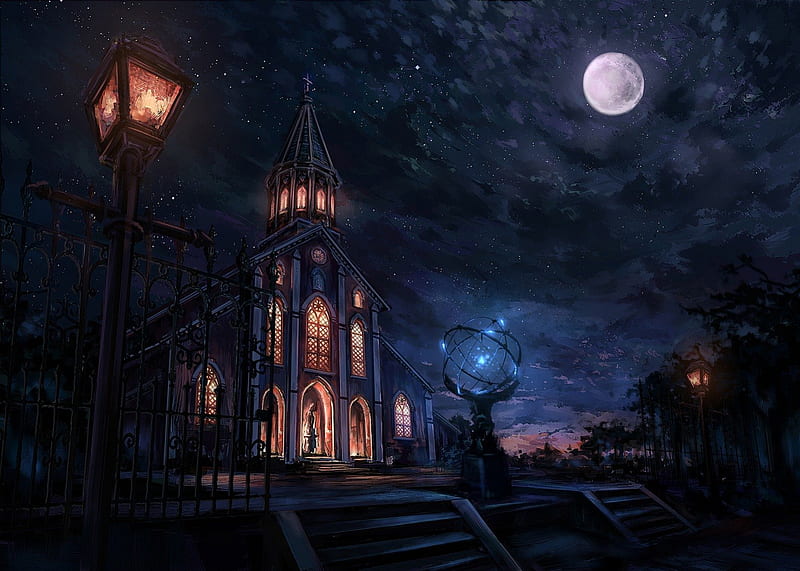Beautiful night, lantern, moon, view, halloween, black, yellow, church, sky, fantasy, moon, anime, light, blue, night, HD wallpaper