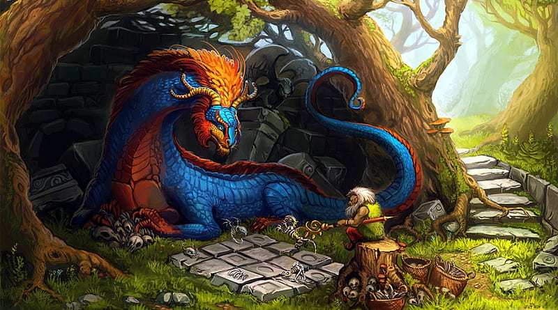 Dragon's Cave, tree, gnom, dragon, artwork, HD wallpaper