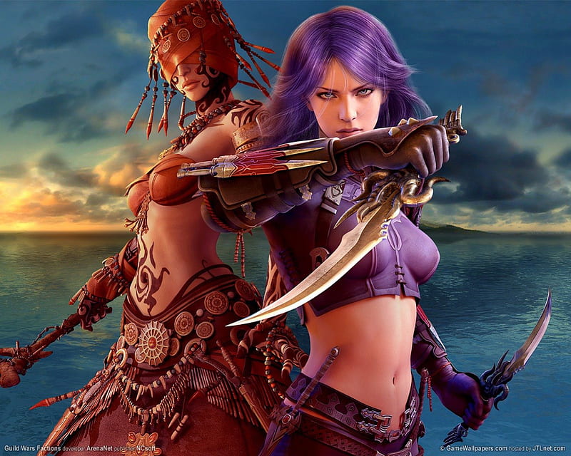 Factions Attraction, games, horizon, ocean, tattoo, purple hair, knives, video games, sky, guild wars, weapons, duo, water, blade, females, blue eyes, daggers, HD wallpaper