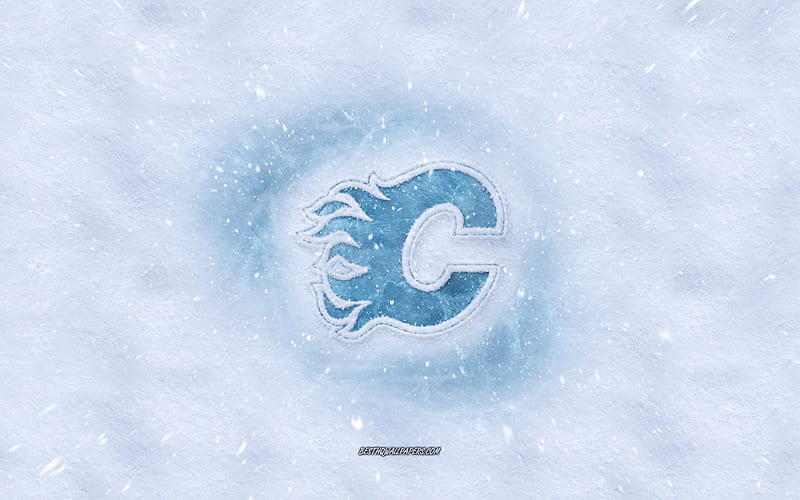 Calgary Flames logo, Canadian hockey club, winter concepts, NHL, Calgary Flames ice logo, snow texture, Calgary, Alberta, Canada, USA, snow background, Calgary Flames, hockey, HD wallpaper