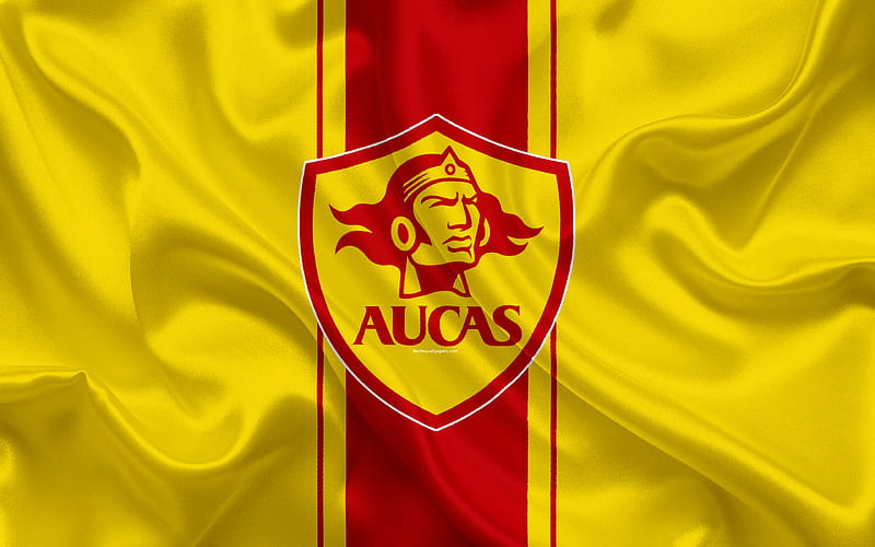 SD Aucas Ecuadorian football club, silk texture, logo, yellow flag, emblem, Ecuadorian Serie A, Quito, Ecuador, football, Primera A, HD wallpaper
