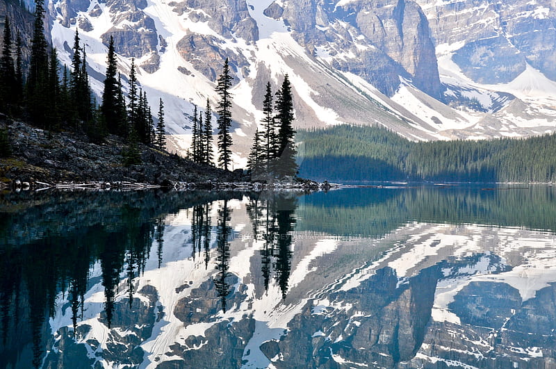 Moraine Lake, Alberta, Canada, water, mountains, reflection, trees, landscape, HD wallpaper