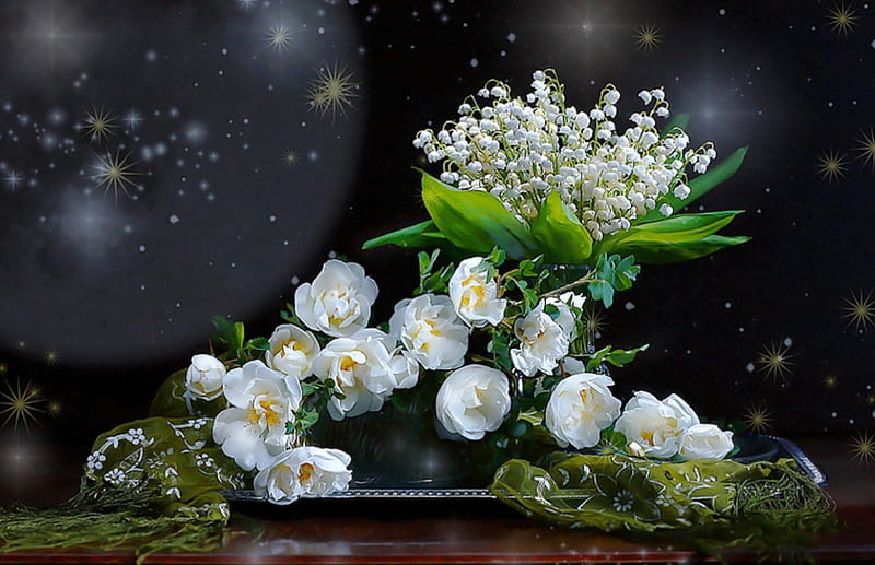 Purity and freshness in the night, purity, lily of the valey, floral, still life, arrangement, flowers, night, stars, black, spring, roses, abstract, freshness, nature, white, HD wallpaper