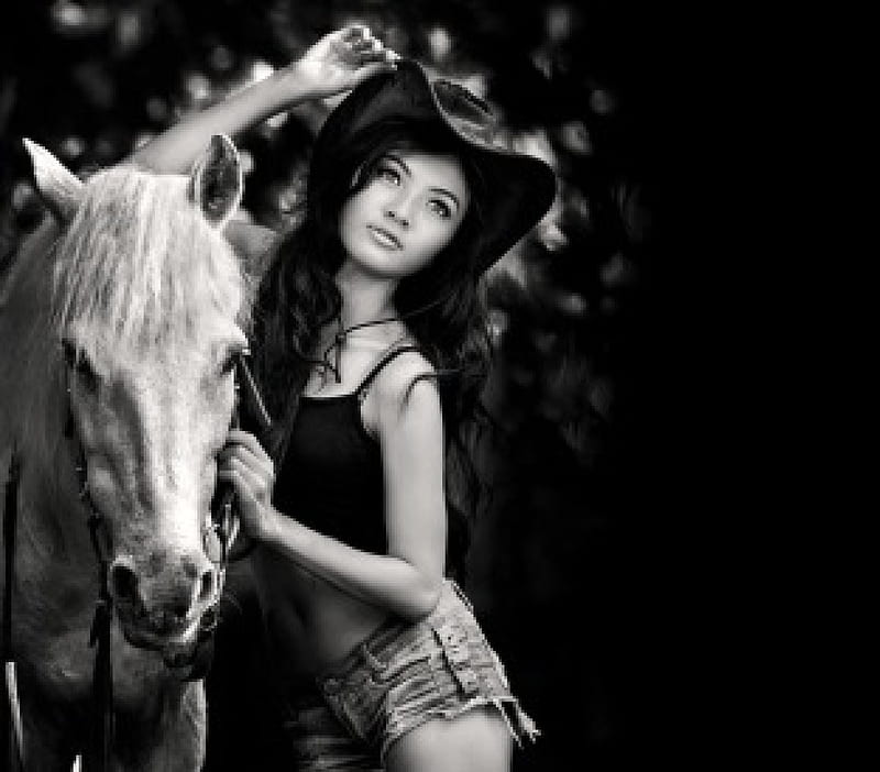 With friend, beauty, horse, country girl, hat, HD wallpaper