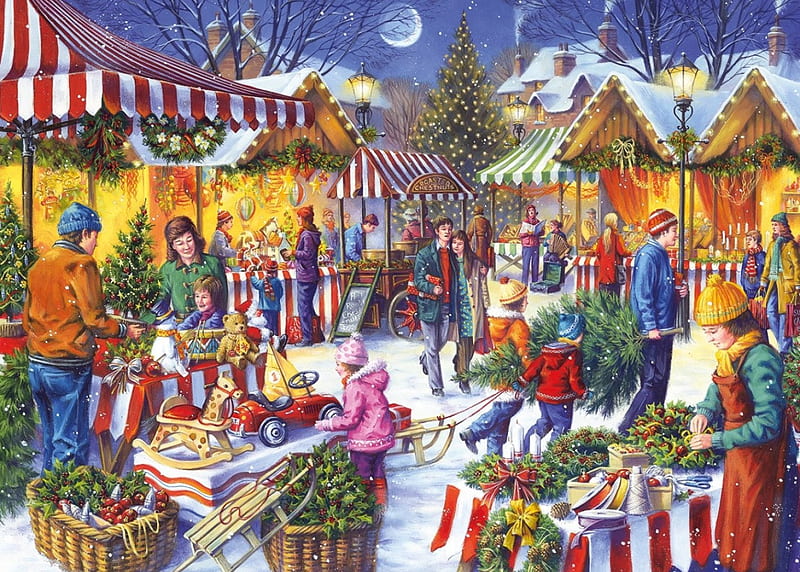 Christmas Market, tree, christmas, snow, decorations, holly, ribbons, lights, market, HD wallpaper