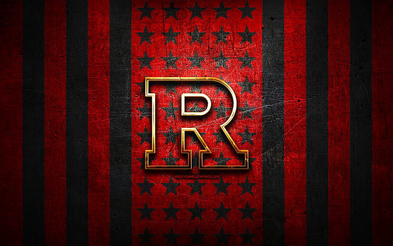 Rutgers Scarlet Knights flag, NCAA, red black metal background, american football team, Rutgers Scarlet Knights logo, USA, american football, golden logo, Rutgers Scarlet Knights, HD wallpaper