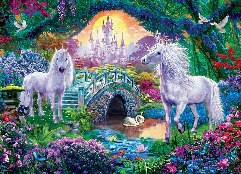 Unicorn Castle, colorful, arts, fantasy, horned, puzzle, white, castle, horses, HD wallpaper