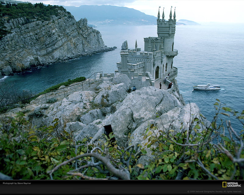 Neo Gothic Castle at Black Sea, light grey, walls, rock, tower, black sea, castle, HD wallpaper