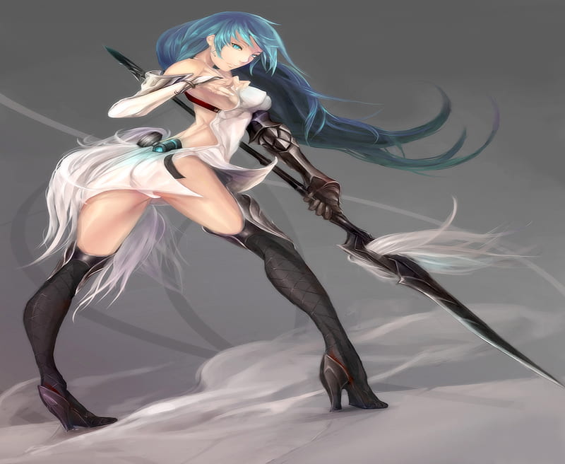 Spear Armor, female, thigh highs, sexy, cool, warrior, blue hair, pixiv fantasia, thigh boots, hot, anime girl, HD wallpaper