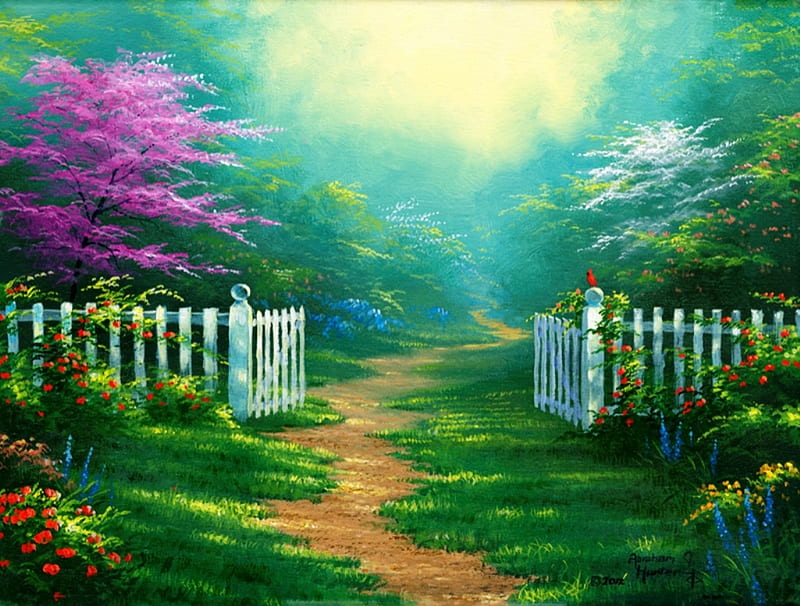 Garden Gate, painting, blossoms, path, trees, artwork, HD wallpaper