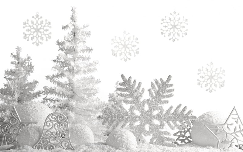 White Christmas decoration, snow, snowflakes, silver Christmas balls, New Year, HD wallpaper