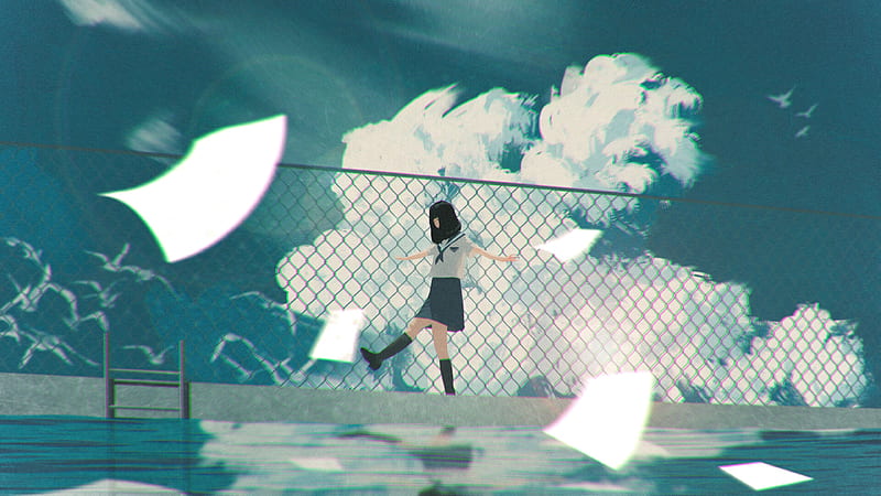 girl, walk, anime, clouds, water, HD wallpaper