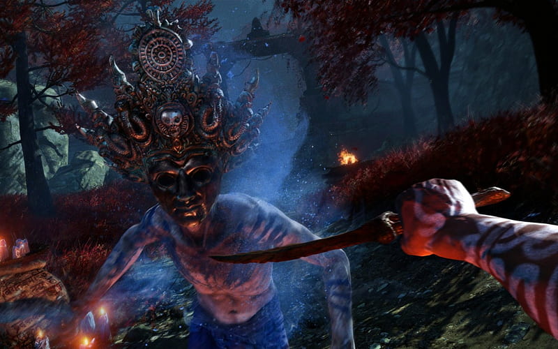 Far cry4, red, forest, shaman, far cry 4, game, fantasy, battle, jungle, fight, mask, blue, HD wallpaper