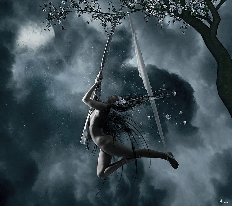 Moonlight swing, tree, wings, swing, acrobat, flowers, clouds, woman, night, HD wallpaper
