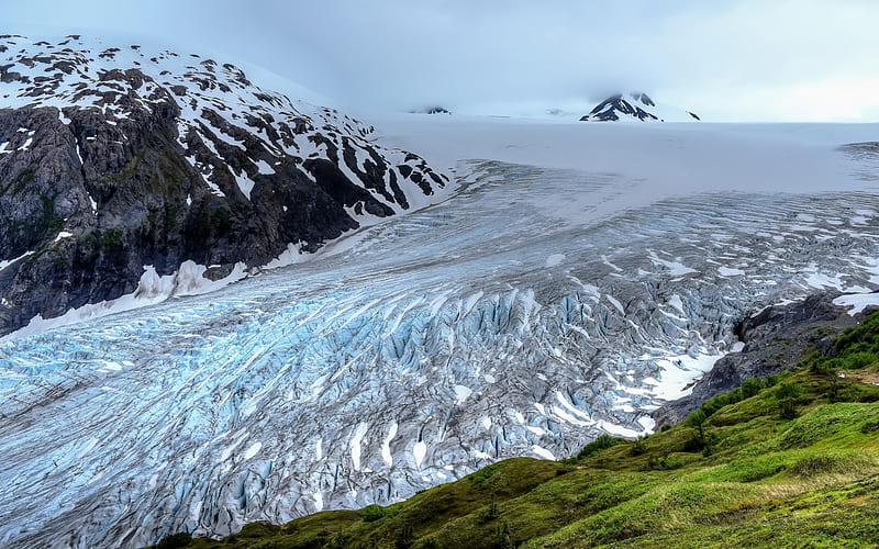 Glacier, mountains, ice, snow, Alaska, USA, Harding Icefield, Kenai Fjords National Park, United States, HD wallpaper