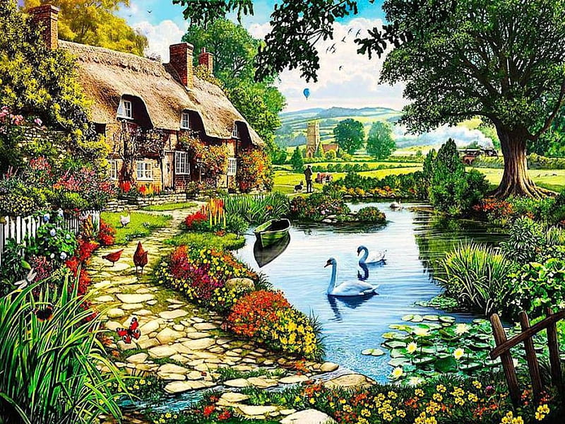British garden landscape, colorful, house, cottage, bonito, swan, splendor, green, color, animals, lovely, british, tree, peaceful, summer, garden, outdoor, landscape, HD wallpaper