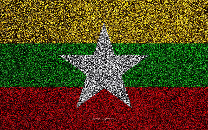 Flag of Myanmar, asphalt texture, flag on asphalt, Myanmar flag, Asia, Myanmar, flags of Asia countries, HD wallpaper