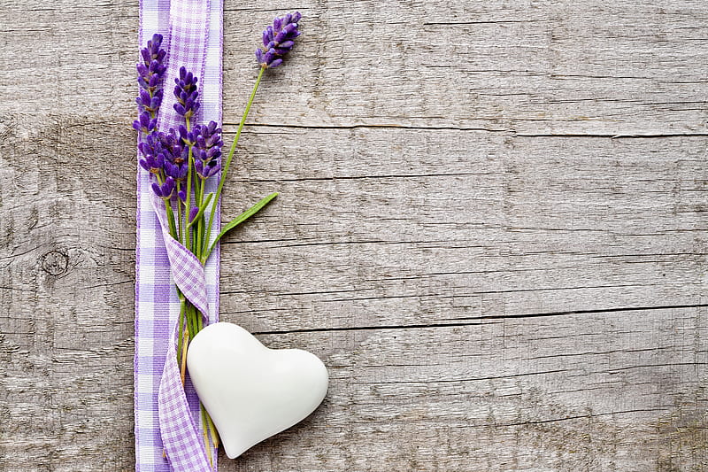 Lavender, flower, heart, purple, whte, wooden background, HD wallpaper
