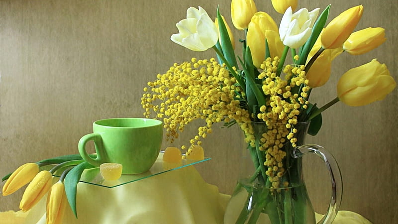 Still Life, cup, flowers, jug, tulips, HD wallpaper | Peakpx