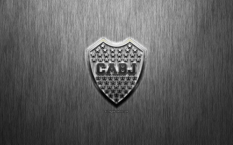 Boca Juniors, Argentine football club, steel logo, emblem, gray metal background, Buenos Aires, Argentina, Argentine Super League, football, HD wallpaper