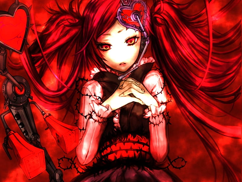 stiches, red, red eyeys, miku, blood red, girl, anime, heart, sad, wire, HD wallpaper