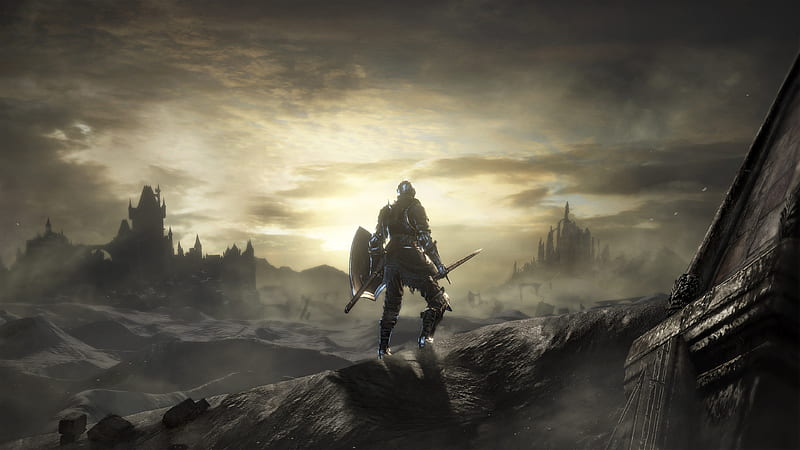 Dark Souls Warrior Standing With Sword And Shield Back View In Background of Sunrise Games, HD wallpaper