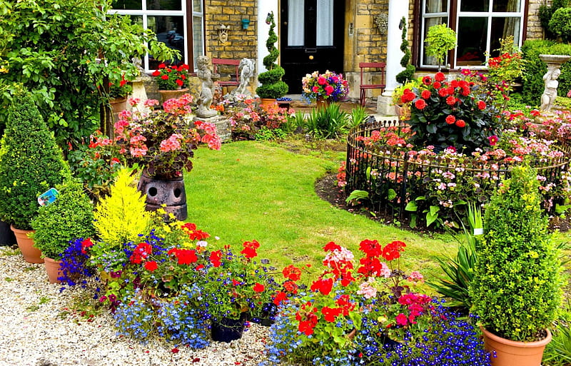 English Garden, sculptures, colorful, house, blossoms, lawn, HD wallpaper