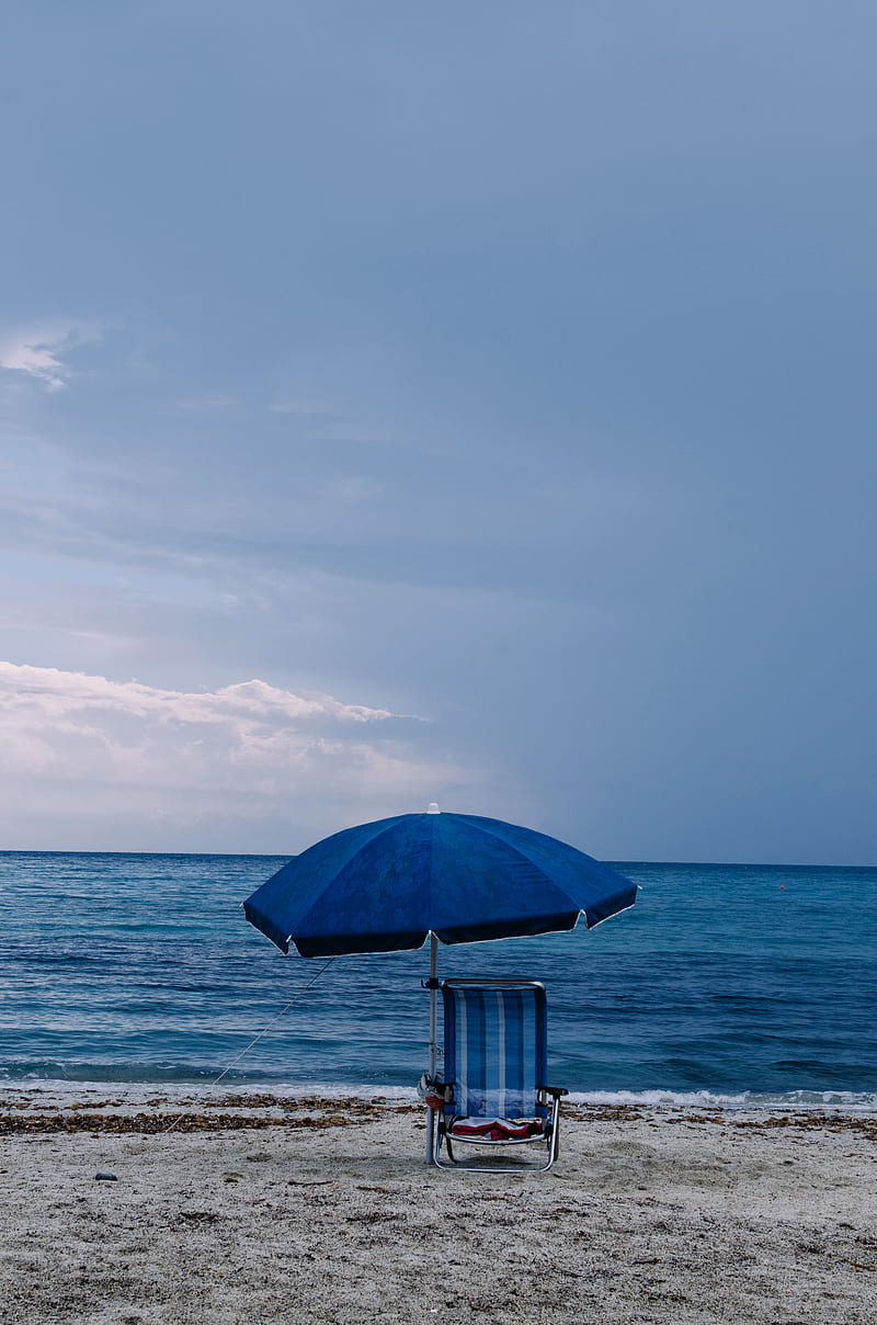 umbrella, deck chair, beach, sea, blue, HD phone wallpaper
