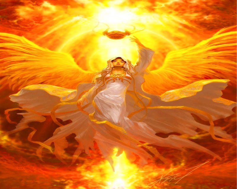 Fire of Angel, sun, cg, woman, fantasy, hot, pertty, fire wings, female, wings, angel, fire, cool, warrior, fire sky, lady, god, HD wallpaper