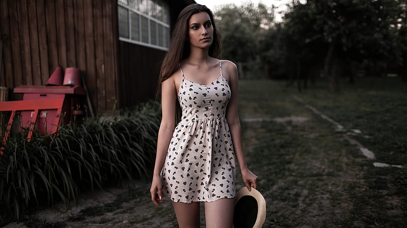 Girl White And Black Floral Spaghetti Strap Dress , girls, model, dress, HD wallpaper
