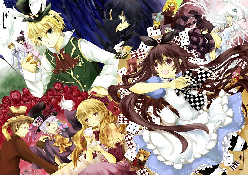 ~Wonderland Madness~, red roses, white queen, alice, wonderland, mad hatter, fantasy, cards, anime, white rabbit, cheshire cat, HD wallpaper