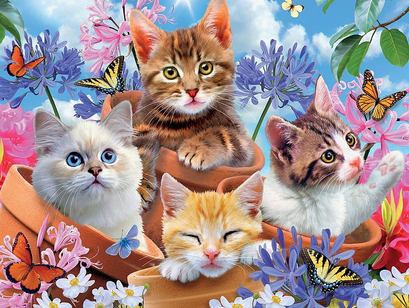 Kittens, butterfly, flower, kitten, cat, pisici, animal, art, cute, vara, summer, HD wallpaper