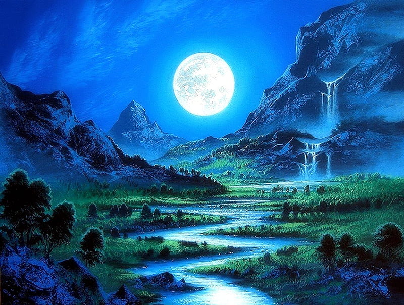 ★Bright Full Moon★, stunning, bonito, most ed, digital art, paintings, landscapes, bright, scenery, drawings, rivers, blue, lovely, colors, love four seasons, creative pre-made, sky, trees, cool, paradise, mountains, moonlight, bright full moon, nature, HD wallpaper