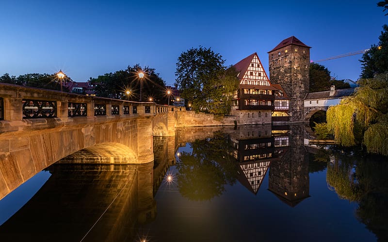 River Night View Old Town Nuremberg Germany, HD wallpaper