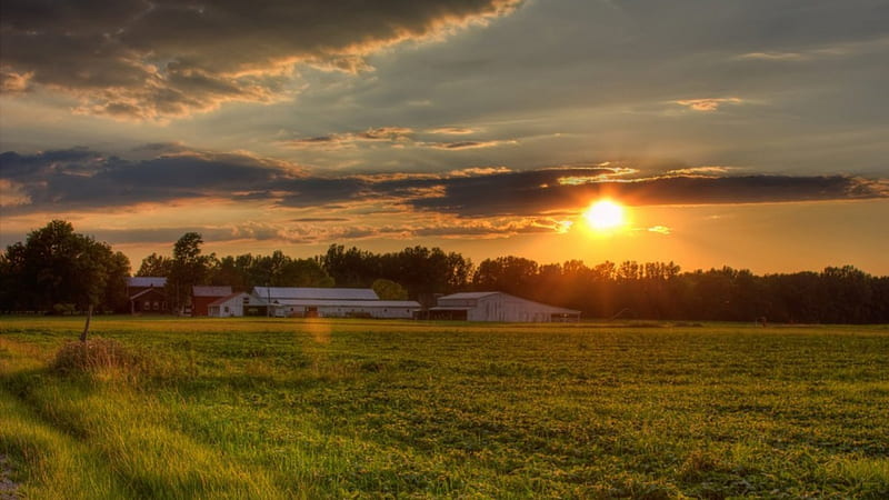 sunset over a farm in spring, farm, fields, sunset, trees, clouds, HD wallpaper
