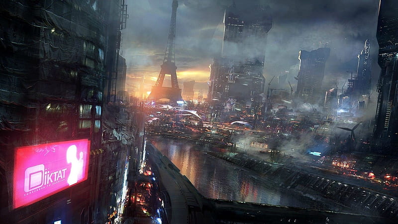 futuristic city, eiffel tower, painting, artwork, Sci-fi, HD wallpaper