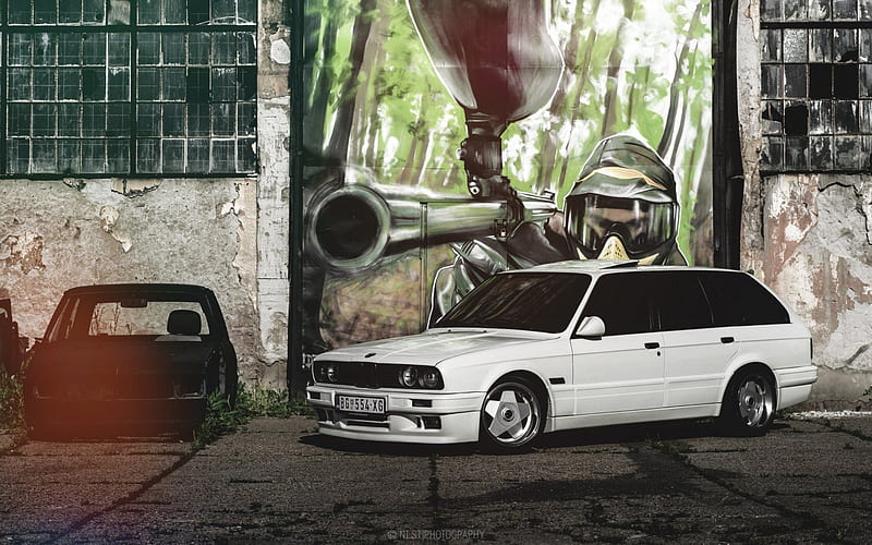 BMW M3, E30, wagons, graffiti, white bmw, HD wallpaper