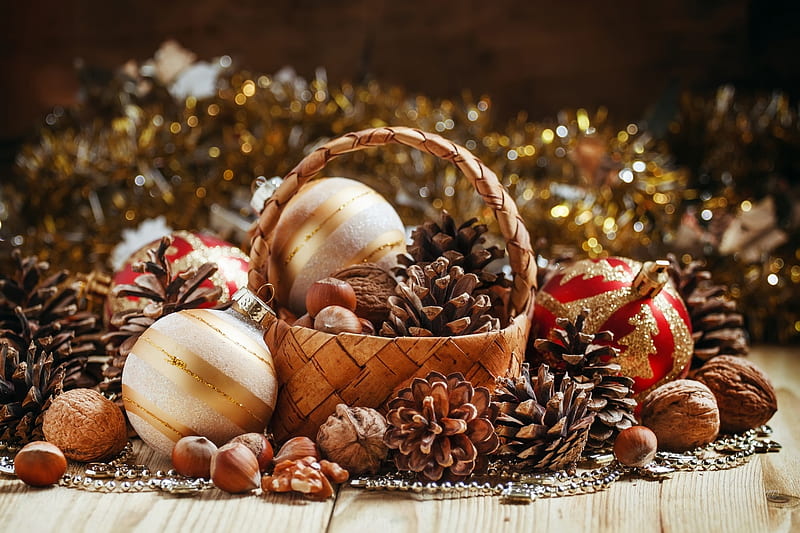 Ready for the Holidays, walnuts, Christmas, holiday, tinsel, winter, pine cones, sparkle, nuts, decorations, basket, natural, HD wallpaper