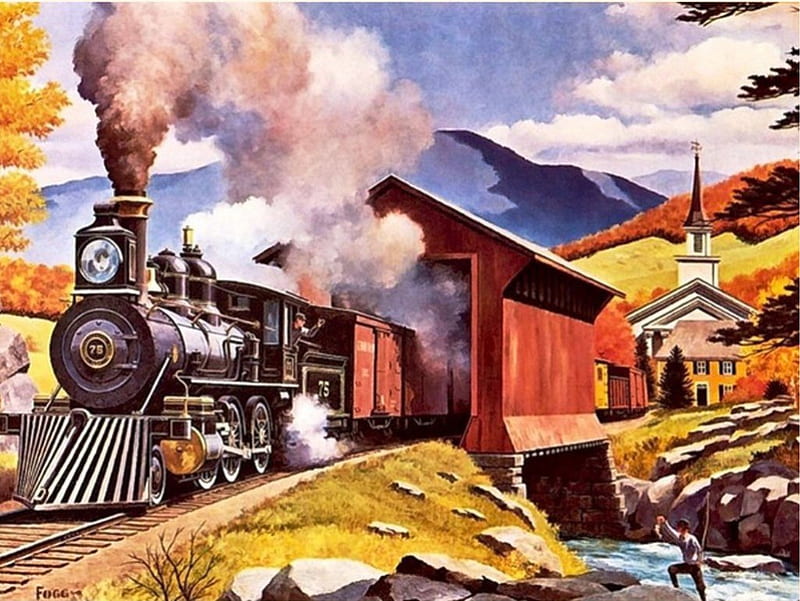 Mountain Railways, locomotive, train, covered bridge, painting, river, steam, artwork, HD wallpaper