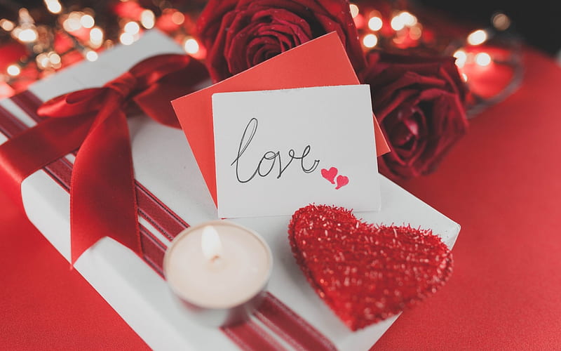 Special day , red roses, candle, romance, valentine day, velvet, ribbon, gift, love, heart, HD wallpaper