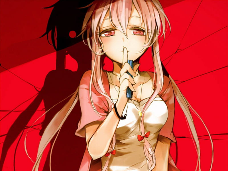 sSsSh, pls don't talk, pink long hair, cute, lovely, crying, anime, mirai nikki, cellphone, gasain yuno, HD wallpaper