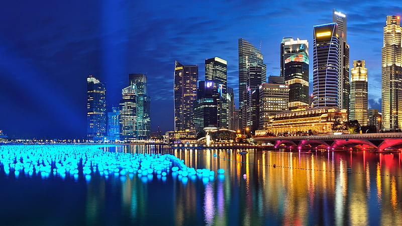 marina bay, singapore, city, port, panorama, night, skyscrapers, HD wallpaper