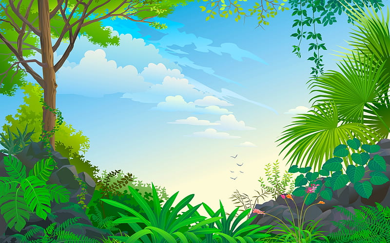 Jungle, palm, creative, sky, leaf, tree, green, texture, blue, vector, HD wallpaper