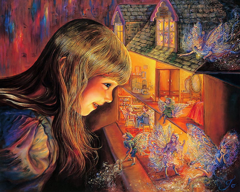 Surprise Visitors, doll house, abstract, wall, visitors, josephine wall, fantasy, girl, dollshouse, fairies, child, surprise, HD wallpaper