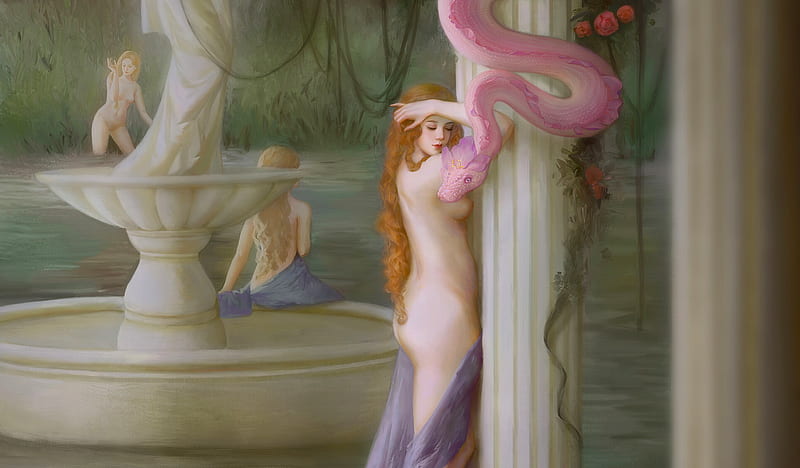 The Pink Snake, art, fantasy, , girl, serenity, woman, snake, harem, beautiful, digital, lamamake, HD wallpaper