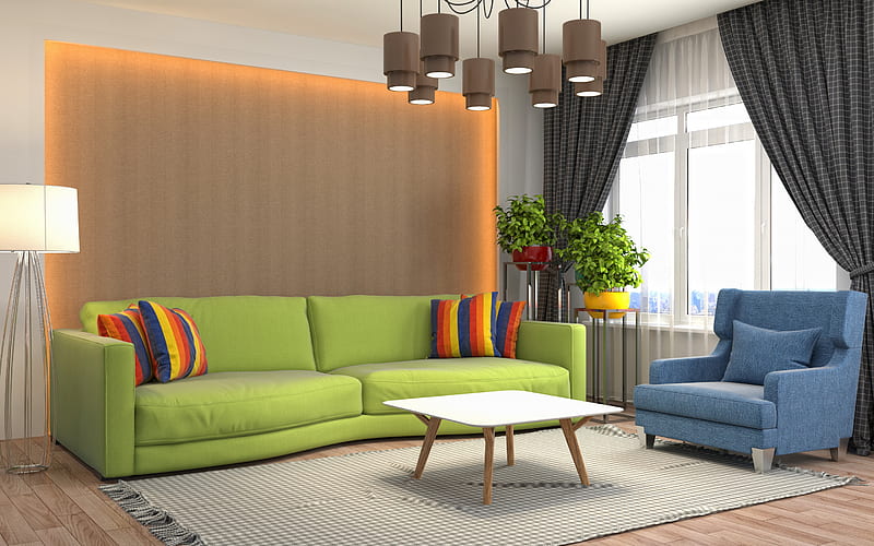 living room, modern interior design, desenho, stylish interior, green sofa, HD wallpaper