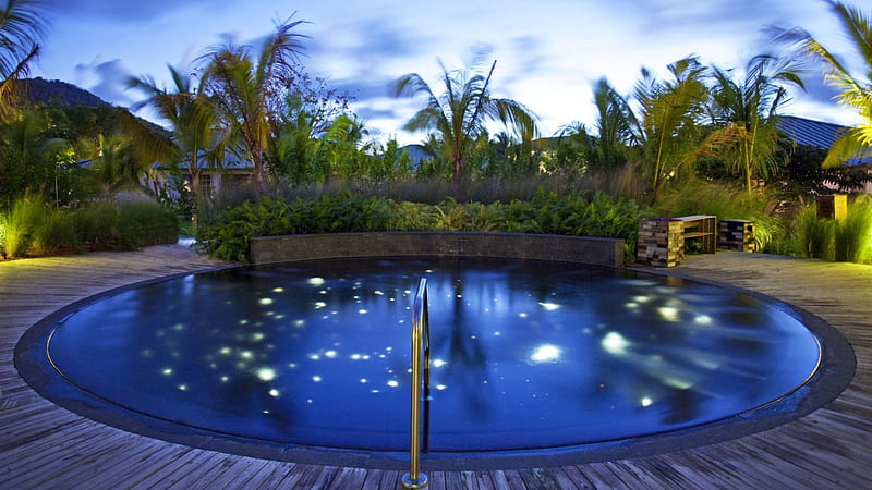 Evening over lit up Pool at Paradise Island Resort, resort, dusk, sunset, twilight, sea, lights, beach, maldives, bora bora, sand, evening, swimming, night, hotel, exotic, islands, ocean, pool, paradise, island, tahiti, tropical, HD wallpaper
